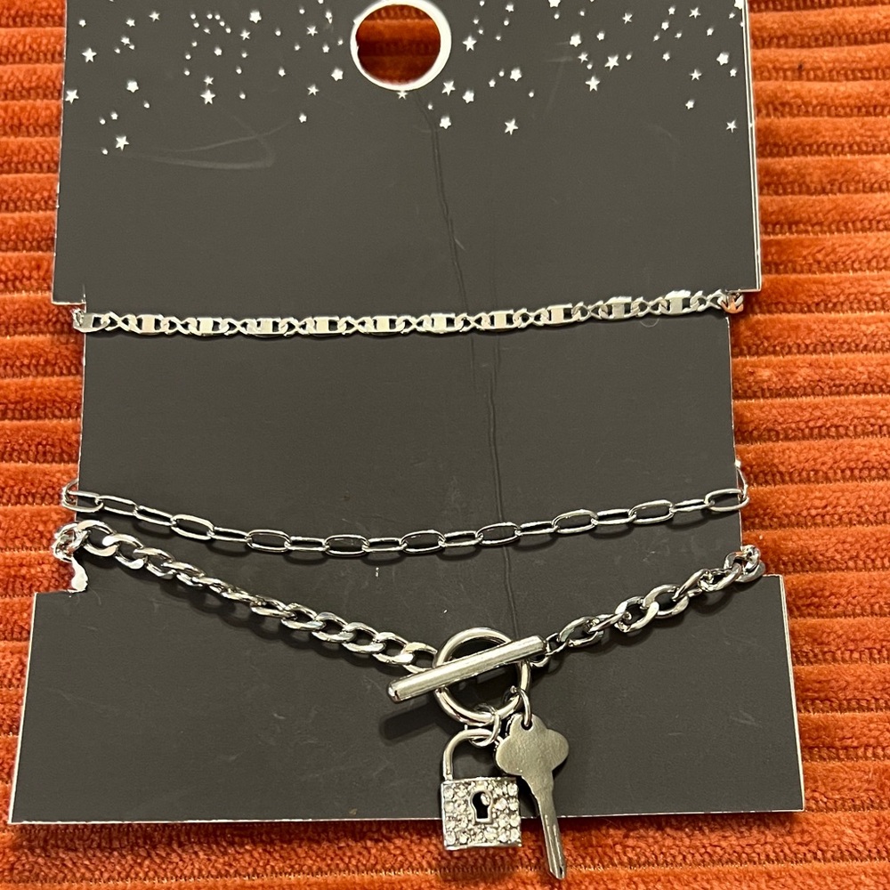 3/$18 Silver Chain Bracelet Set with Lock and Key Charms Lot 1044